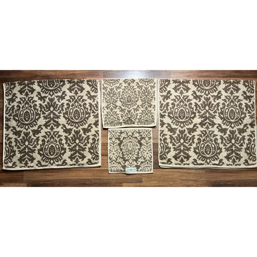 4Pc TOMMY HILFIGER Towel Set Brown Cream Damask (2 Bath, 1 Hand, 1 Washcloth)